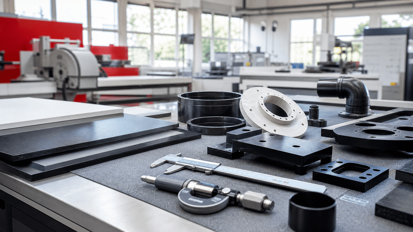 Verschiedene Kunststoffwerkstoffe und präzise gefertigte Bauteile